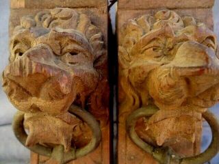 Two 19th Century Oak Carved Lion Heads With Brass Handles