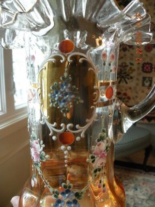 Antique Hand Painted Peach Opalescent & Gold Enameled Blown Glass Pitcher Set 4