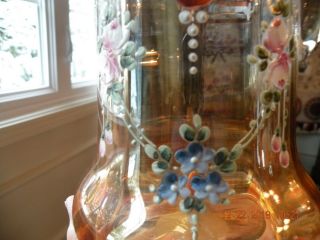 Antique Hand Painted Peach Opalescent & Gold Enameled Blown Glass Pitcher Set 5