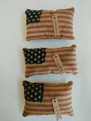 Set Of 3 Aook Primitive Patriotic American Flag Mini Pillows Bowl Fillers 3 " X 5 "