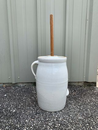 ANTIQUE LOUISVILLE POTTERY CO INDIAN HEAD 4 STONEWARE CROCK BUTTER CHURN W LID 2