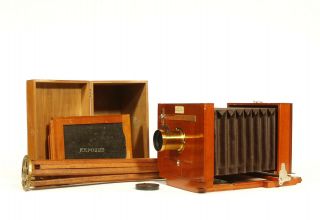 Near 1888 Rochester Optical Antique Plate Camera W/tripod,  Wood Case,  More