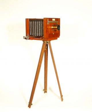 Near 1888 Rochester Optical Antique Plate Camera w/Tripod,  Wood Case,  More 2