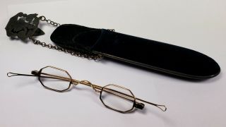 19th Century Solid 14k Gold Spectacles With Velvet Chatelaine.  Antique Eyeglass.