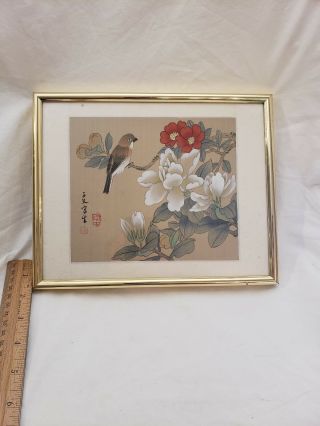 Vintage Japanese Hand Painted Bird Flowers Silk Painting Vintage Art