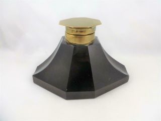 Heavy Large Stylish Antique Art Deco Black Glass & Brass Inkwell C1920/30 