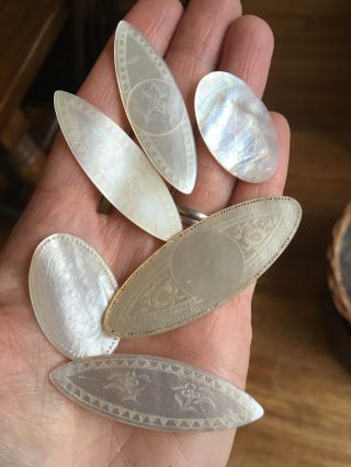 6x Assorted Antique Chinese Mother Of Pearl Mop Gaming Chips Counters.