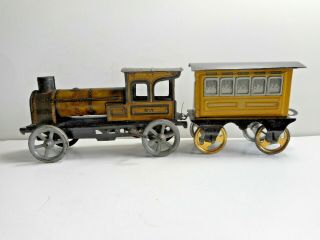 German Issmayer Tin Windup Clockwork Floor Train Steam Engine Coach Toys 1920s