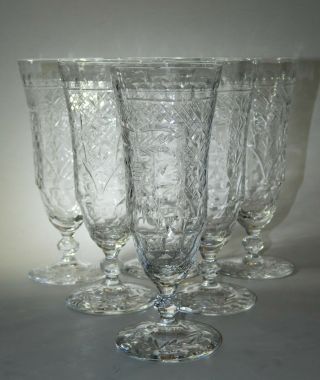 6 Antique Cut Crystal Champagne Flutes Engraved Design 6 " Thin Delicate Glass