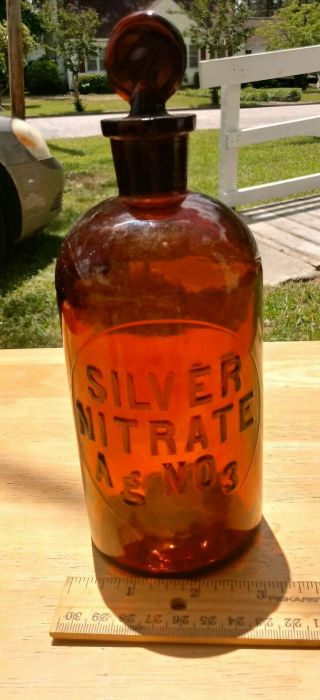Large Antique Vintage Amber Embossed Bottle Silver Nitrate Ag No 3 Apothecary