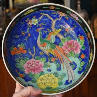 Gorgeous Antique Chinese Export Hand Painted Bird Floral Tree Large Serving Bowl