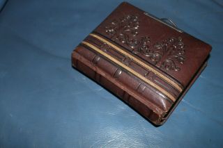 Antique Victorian Photo Album 22 Cdv Photographs Coloured Pages Tooled Leather