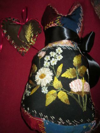 repurposed crazy quilt cat with lovely embroidery and a sweet little heart 2