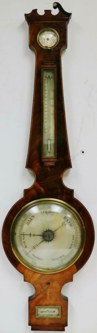 Antique English Flame Mahogany Inlaid Banjo Wall Barometer Great Spares Repair