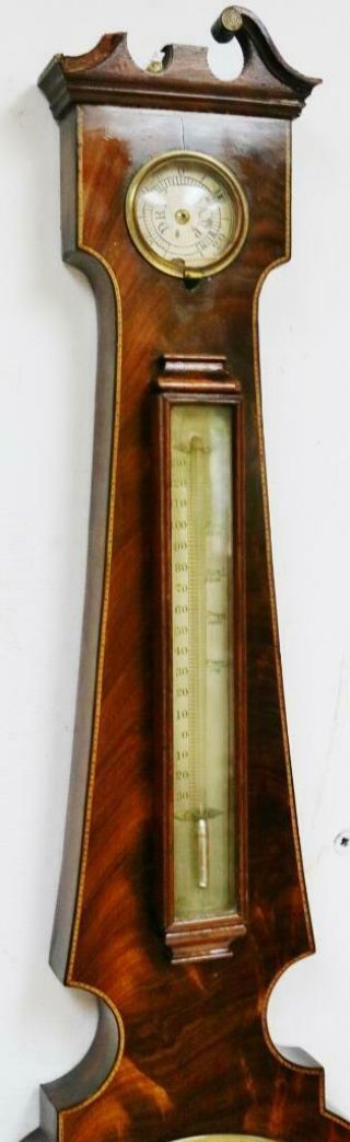 Antique English Flame Mahogany Inlaid Banjo Wall Barometer Great Spares Repair 2