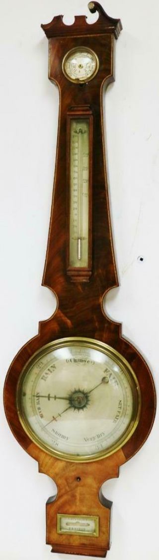Antique English Flame Mahogany Inlaid Banjo Wall Barometer Great Spares Repair 6