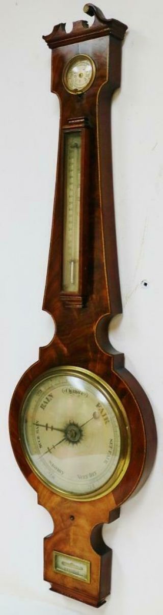 Antique English Flame Mahogany Inlaid Banjo Wall Barometer Great Spares Repair 7