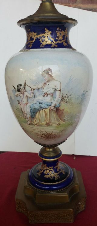 Sevres Style,  Electric Lamp,  Hand Painted Aphrodite And Cupid