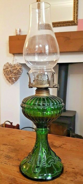 Lovely Vintage Green Glass Oil Lamp - Fish/serpent Design