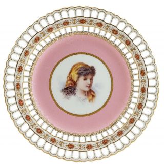 Antique Minton Girl Woman Portrait Cabinet Reticulated Gold Trim Plate 9 1/4 "