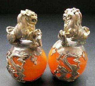 A Pair Chinese Carved Jade & Silver Dragon Foo Dogs Statue B01