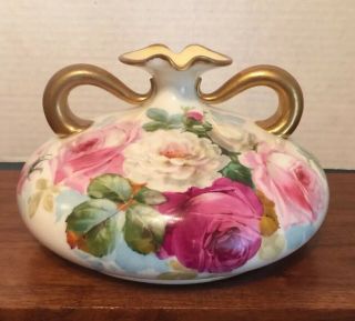 Exquisite 19th C.  Cac American Belleek Squat Vase Hand Painted Roses