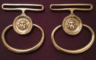 Victorian Brass Servant Bell Pull Handles Pair Lions Head Medallion 19th Century