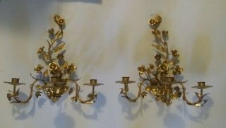Vintage Pair Gorgeous Italian Gilt Gold Tole Hollywood Regency Sconce Lights