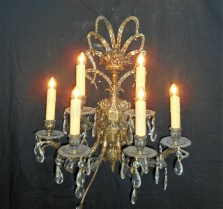 Large Ornate 6 Arm Brass Wall Sconce W/prisms - Flower Basket & Ribbon Top - 18 "