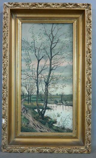 Antique Primitive Old Country Road Figural Folk Art Oil Landscape Painting Frame