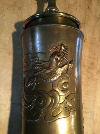 Antique Chinese Brass Vase Dragon Lamp With Chinese Carved Wood Base