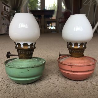 Rare Vintage Miniature Oil Lamps In Pastel Pink And Green