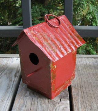 Hanging Metal Birdhouse Antique RED Primitive/French Country Farmhouse Decor 3