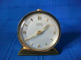 Vtg Cyma Amic Swiss Made Mechanical 10j Solid Brass Travel Alarm Clock Runs Good