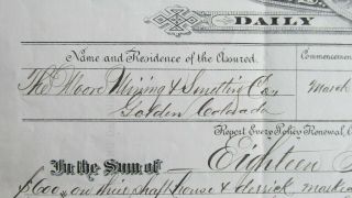 1880 ' s Golden Colorado Moore Mining & Smelting Insurance Coverage Certificate - 5
