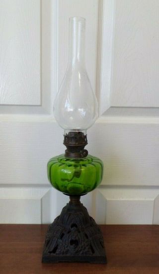 Vintage Oil Lamp Cast Iron Base Green Glass Font Single Burner Order