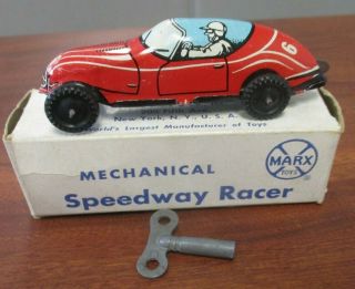 Vtg 3 - 7/8 " Marx Tin Litho Wind - Up Mechanical 206x Speedway Racer W/key &orig Box