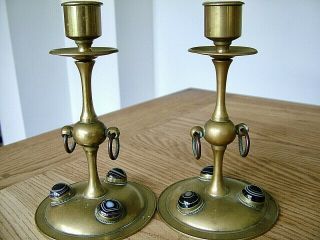 19thc Candlesticks Aesthetic Arts & Crafts Brass Banded Agate Cabochons Antique