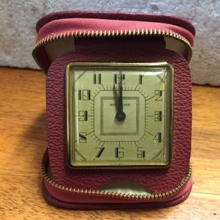 Antique Art Deco Haven Travel Clock.  Red Leather Zip Case.