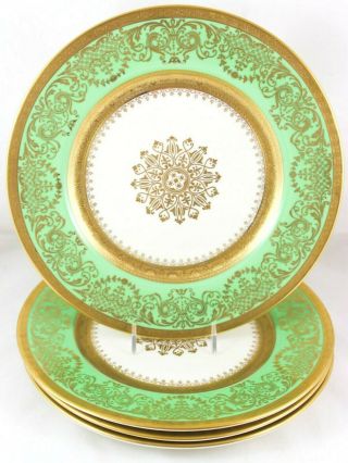 Set 4 Dinner Plates Edgerton Studio China E209 Raised Gold Encrusted Green Cream