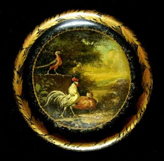 Unique Antique American Hand Painted Tole/tin Plate " Landscape W/fowl " C.  1800