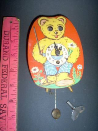 Old Mini Key Wind Up Bear Clock,  Moving Eyes