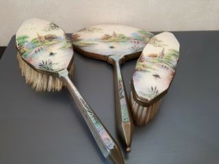Antique Edwardian Ladies Hand Painted Porcelain Mirror & Brush Set