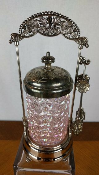 Vtg Victorian Pink Pressed Glass Pickle Castor Aqua Jar Pretty Canister Tongs