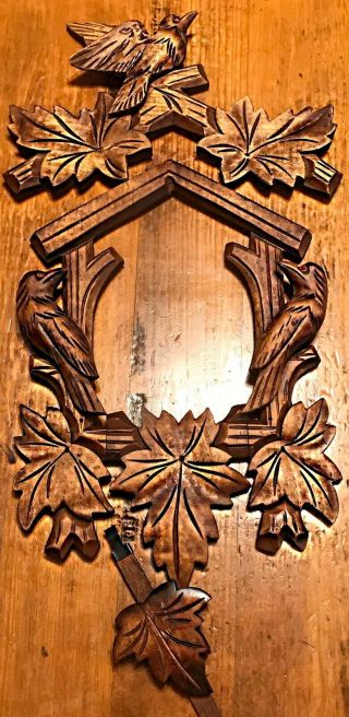 Black Forest Wooden Maple Leaf Carved Cuckoo Clock Front,  Top,  And Pendulum,