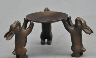 4 " Old Chinese Bronze Animal Zodiac Lovely Rabbit Plate Lampstand Candlesticks