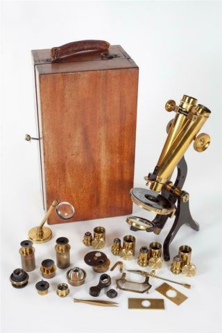 Vintage C1880 " Henry Crouch " Brass Binocular Microscope With Accessories