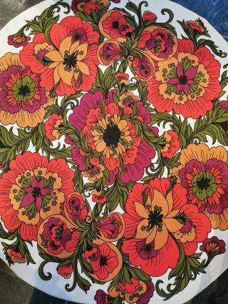 Vtg 60s 70s Floral Round Tablecloth Flower Power Cotton Barkcloth Fabric Retro