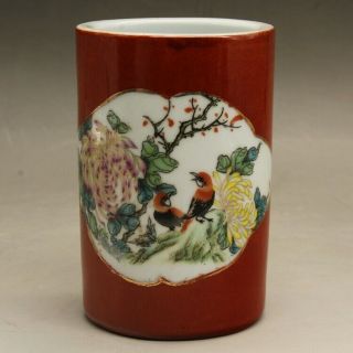 Chinese Old Porcelain Hand Painted Famille Rose Flower Bird Brush Pot C01
