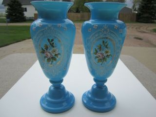 Large & Old Matching Hand Decorated Blue Bristol Glass Vases 11.  5 " Tall